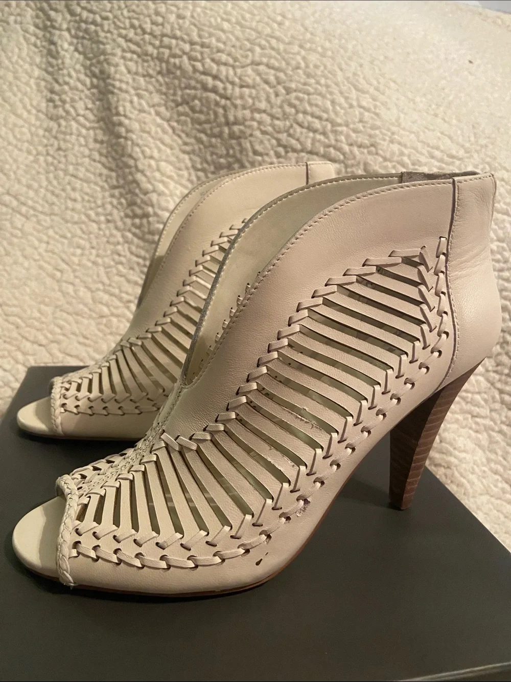 Vince Camuto Warm White Woven Peep-Toe Heel Booties - Neutral Leather